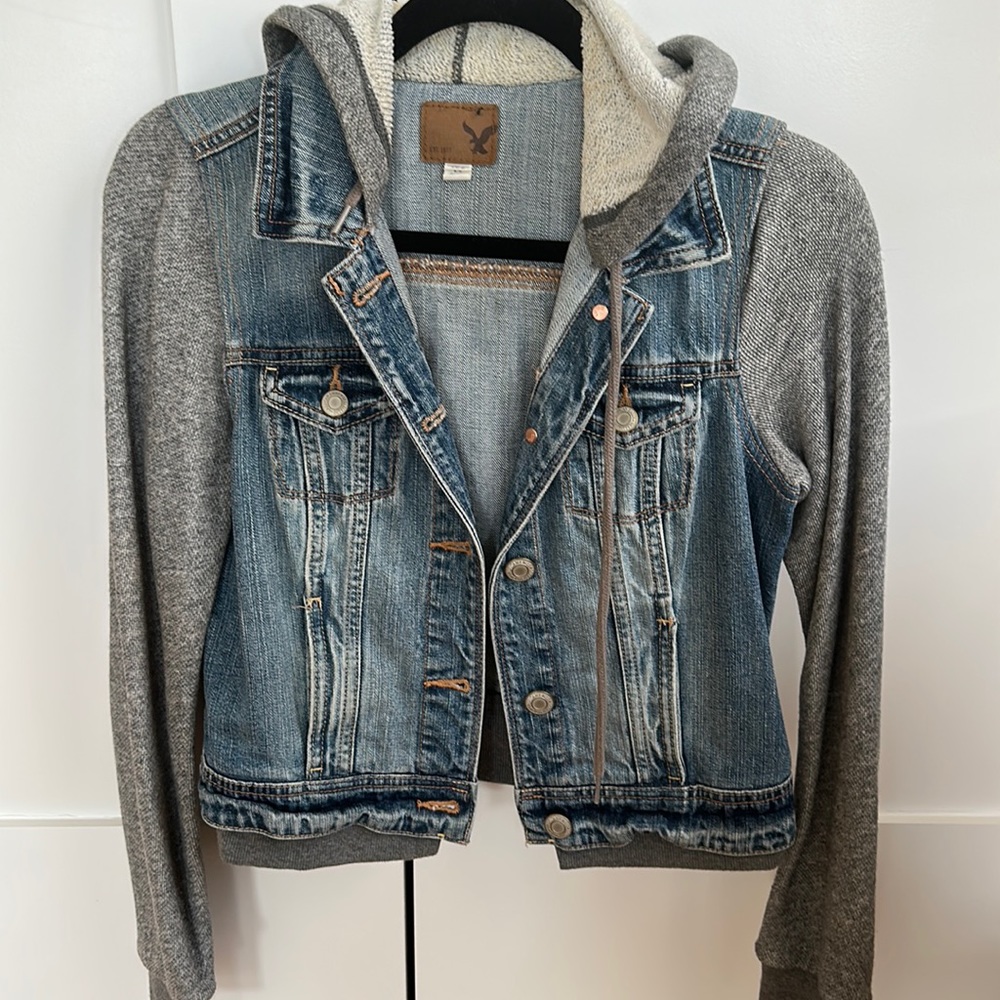 Denim jacket with built in sweatshirt hoodie